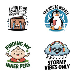 Fototapeta premium Cartoon wallet crying, penguin with towel, dumpling meditating, cloud with headphones Keywords