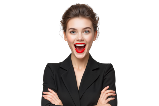 Surprised young businesswoman with wide-open mouth and red lipstick, wearing a black blazer with crossed arms isolated on transparent background, png