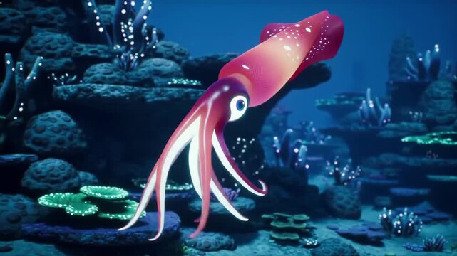 Cartoon squid swims in a vibrant, glowing underwater reef, suitable for animation and children's content