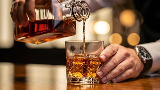 Bartender Pouring Premium Whiskey into a Glass with Ice Cubes.
