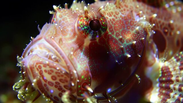 Close-up of a vibrant scorpionfish underwater, showing detail.  Use marine biology, education