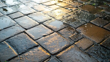 Wet paving blocks after summer rainstorm