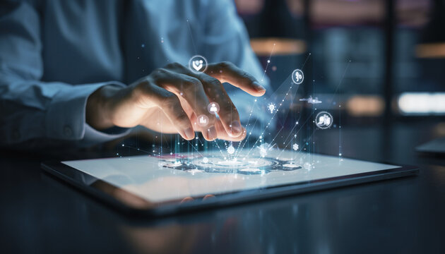 Businessman Interacting with a Futuristic Holographic Interface on a Digital Tablet.