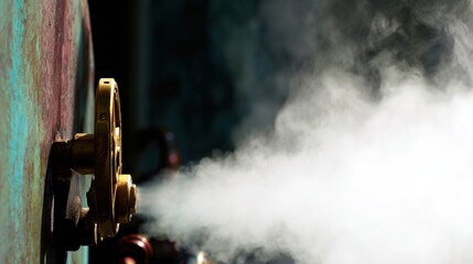 Obraz premium boiler. Industrial boiler safety valve releasing high-pressure steam, white vapor column. safety posters, maintenance manuals, designed for industrial assembly lines and welding operations.