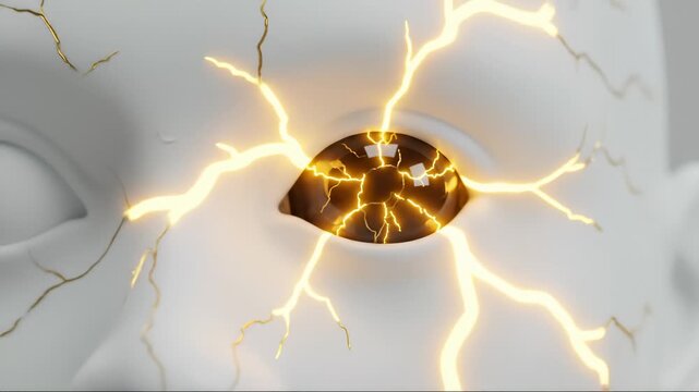 Abstract White Head With Glowing Cracks Revealing Black Eye