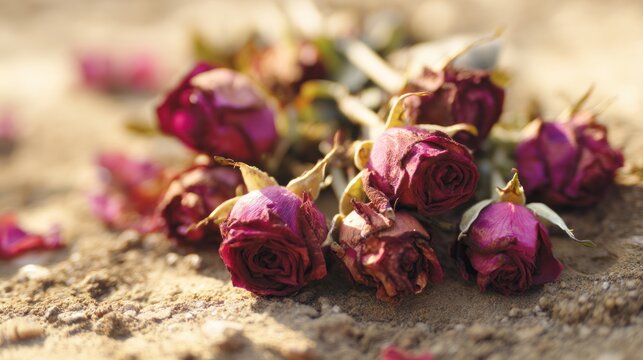 Withered rose bouquet with scattered petals on the ground in natural light. gardening catalogs, home-decor guides, designed for home decor and floral branding.