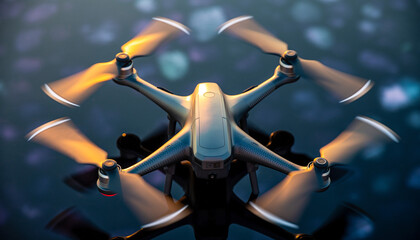 Futuristic Drone Flying with Illuminated Propellers Against a Dark Background.