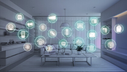 Futuristic Smart Home Automation with a Virtual Interface of Connected Device Icons.
