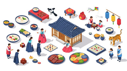 Cultural Korean isometric layout with traditional elements