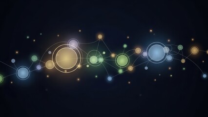 Abstract digital network connection with glowing colorful circles and particles on a dark background