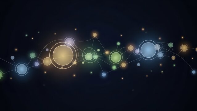 Abstract digital network connection with glowing colorful circles and particles on a dark background - Powered by Adobe