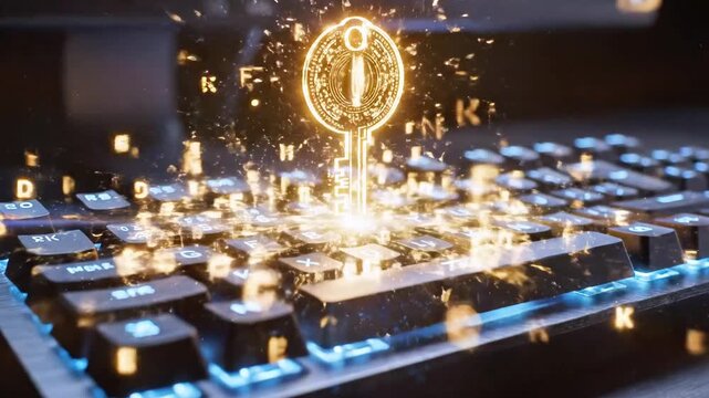 Close-up of a glowing keyboard with neon blue circuitry and sparks, a futuristic tech scene in view.
