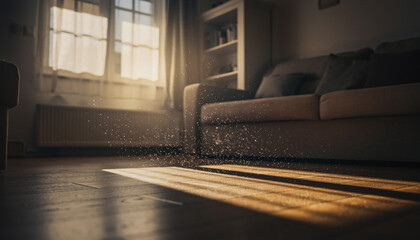 Golden afternoon sunlight streams into a quiet peaceful living room.