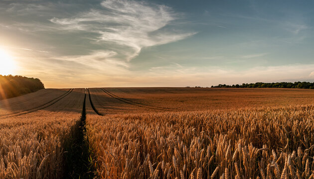 Golden wheat field panorama at sunset with a path leading to the horizon.