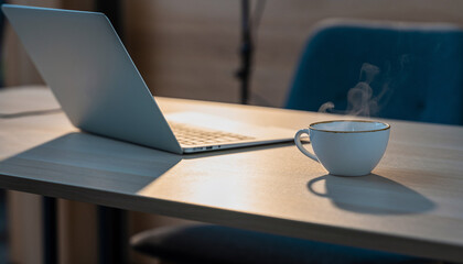 Laptop and Coffee Cup on Desk in Warm Light.