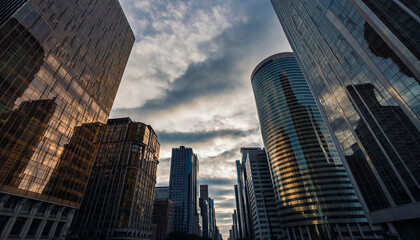 Low Angle View of Modern Skyscrapers Against Cloudy Sky in Urban City.