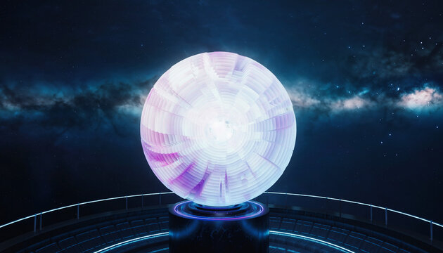 Luminous plasma energy sphere on a futuristic platform in space. - Powered by Adobe