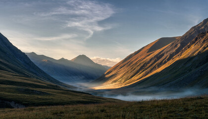 Majestic Mountain Valley at Dawn A Serene Landscape.