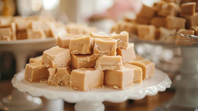 Cubes of creamy fudge on white cake stand