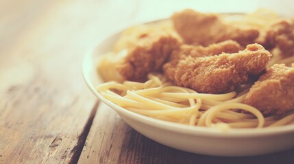 Crispy golden chicken served over linguine pasta on a rustic wooden tabletop.