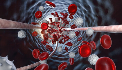 Microscopic view of blood cells flowing through a blood vessel.