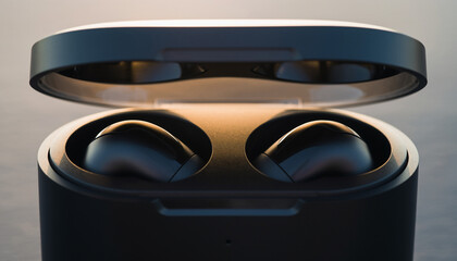 Modern black wireless earbuds resting inside an open charging case with warm backlighting.