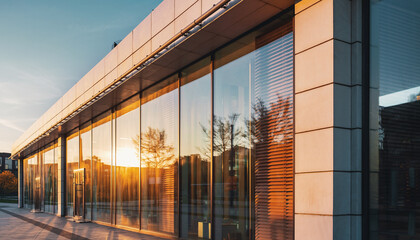 Modern building facade with large glass windows reflecting sunset light.