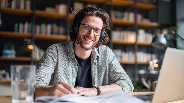 Smiling man with headphones and glasses studying or working at a desk with a laptop and book in a modern library