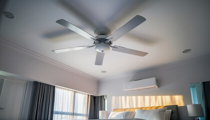 Modern Ceiling Fan and Air Conditioner in a Bright Bedroom.