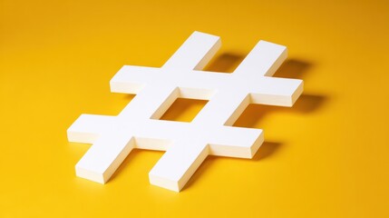 Obraz premium A large white geometric hashtag symbol floating against a vibrant yellow background, representing modern marketing concepts. pitch deck slides.