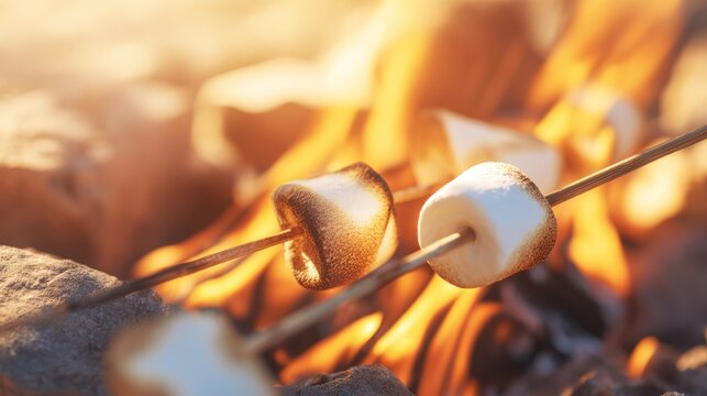 Roasting marshmallows on sticks over an outdoor campfire, capturing caramelization and warm evening vibes.