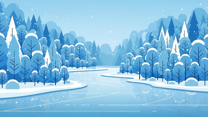 Winter Wonderland Landscape with Snow Covered Trees and Frozen River