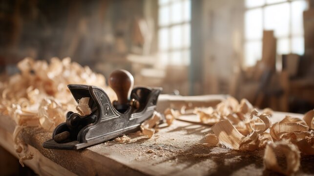 Jointer plane resting on a rustic wooden bench with fresh wood shavings around, ideal for woodworking tutorials.