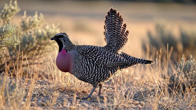 Greater sagegrouse displaying its vibrant pink air sac in a natural sagebrush habitat