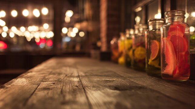 Rustic bar counter featuring fruit-infused schnapps in glass bottles, glowing in ambient light.