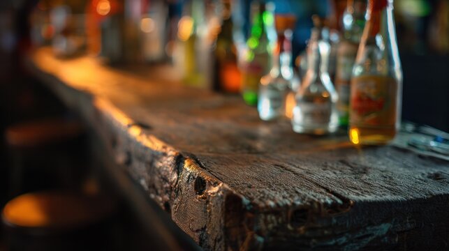 Shallow-focus view of a wooden tavern bar with colorful schnapps bottles under warm lighting.