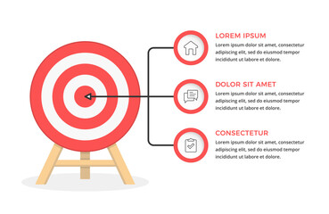 Business target infographic with red bullseye on stand and three elements for icons and text