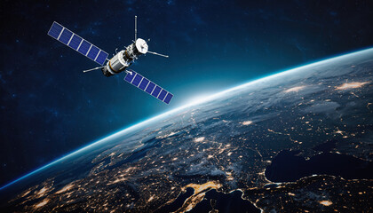 Satellite Orbiting Earth Above City Lights at Night.