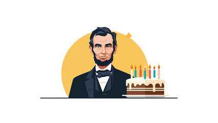 An illustrated portrait of a historical American president celebrating his birthday with a festive cake