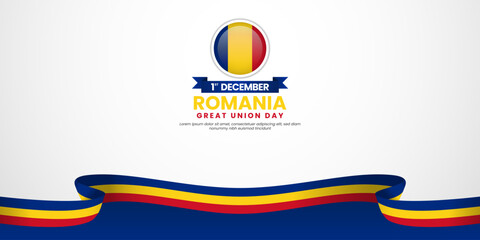 Romania great union day banner background design element with waving ribbon flag