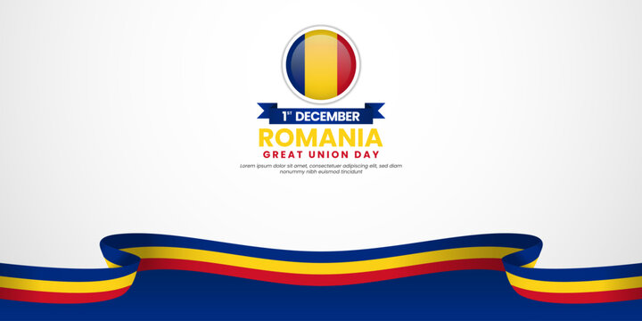 Romania great union day banner background design element with waving ribbon flag