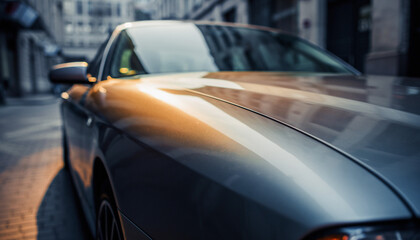 Sleek Silver Car Gleaming in Urban Setting.