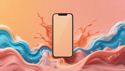 Modern Smartphone Mockup with Abstract Swirling Paint Background for Digital Display