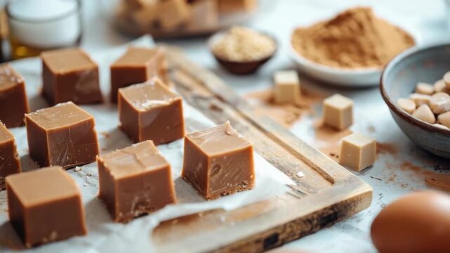 Delicious fudge pieces on wooden board, cocoa in background