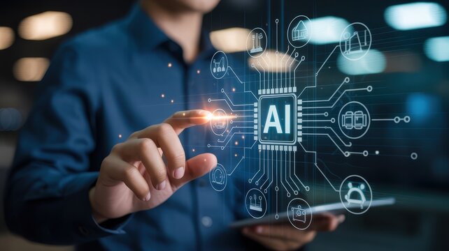 Businessman interacts with holographic display showing artificial intelligence integrated circuits and connected industry icons - Powered by Adobe