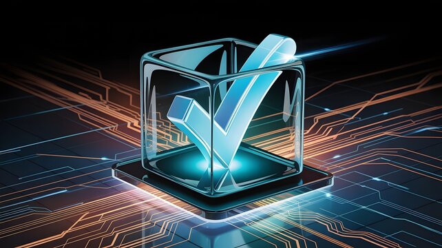 Glowing blue checkmark inside a transparent glass cube on a futuristic digital circuit board background