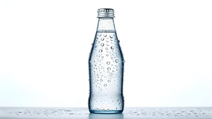 Cold clear glass water bottle with condensation droplets on surface standing on wet table against bright white background symbolizing hydration freshness purity and clean beverage concept