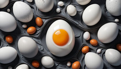 Hard Boiled Egg Displayed with White Eggs and Brown Speckled Eggs