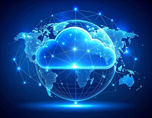 Global cloud computing network visualization with digital connections and a prominent cloud icon representing data storage and transfer