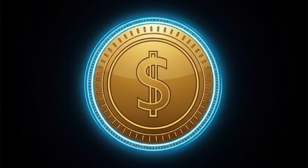 Golden currency icon shines with a bright blue neon glow against a dark background